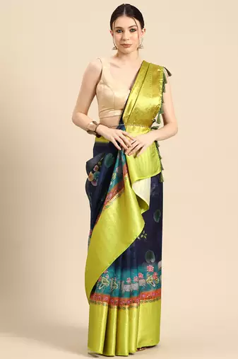 Silk Land  Navy Blue  Digital Print Art Silk Saree 