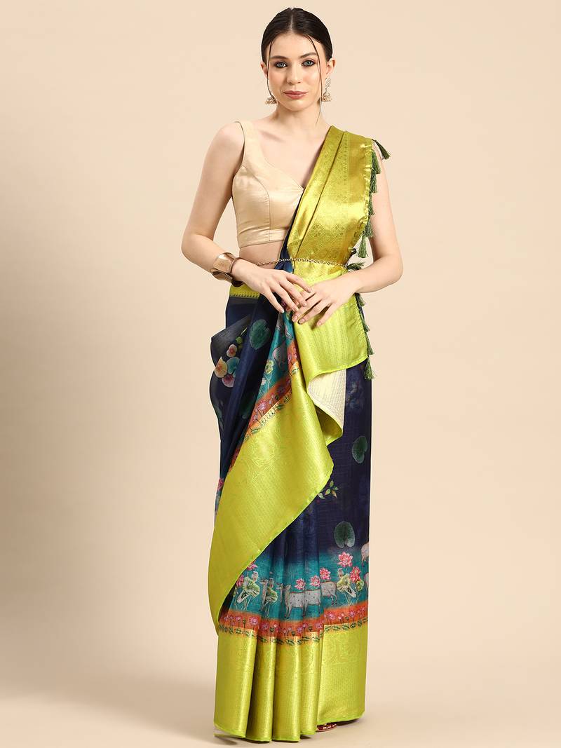 Silk Land  Navy Blue  Digital Print Art Silk Saree 
