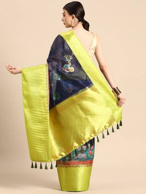 Silk Land  Navy Blue  Digital Print Art Silk Saree  2