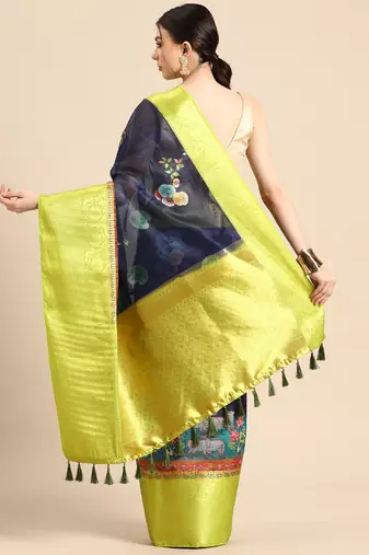 Silk Land  Navy Blue  Digital Print Art Silk Saree 