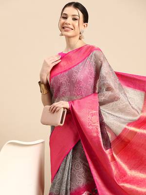 Silk Land  Grey  Digital Print Art Silk Saree  1