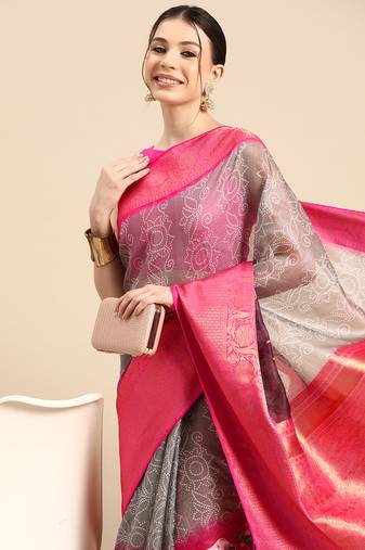 Silk Land  Grey  Digital Print Art Silk Saree 
