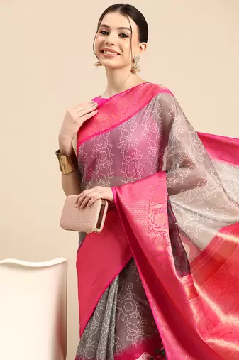 Silk Land  Grey  Digital Print Art Silk Saree 