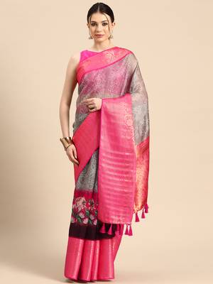 Silk Land  Grey  Digital Print Art Silk Saree  2