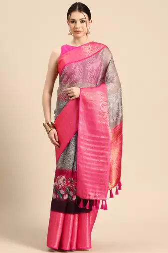 Silk Land  Grey  Digital Print Art Silk Saree 