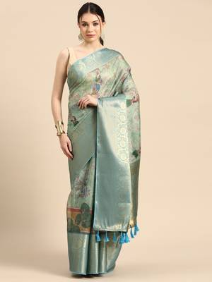 Silk Land  Light Green  Digital Print Art Silk Saree  1