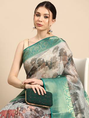 Silk Land  Grey  Digital Print Art Silk Saree  1