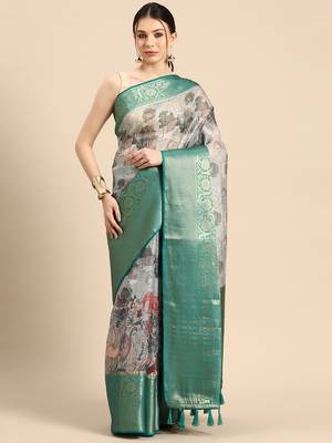 Silk Land  Grey  Digital Print Art Silk Saree  2