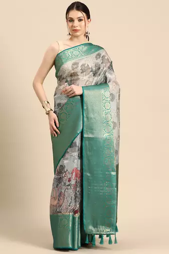 Silk Land  Grey  Digital Print Art Silk Saree 