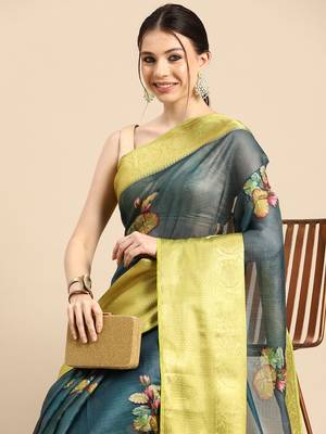 Silk Land  Dark Blue  Digital Print Art Silk Saree  1
