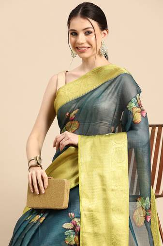 Silk Land  Dark Blue  Digital Print Art Silk Saree 
