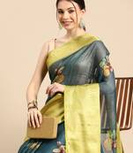 Silk Land  Dark Blue  Digital Print Art Silk Saree 