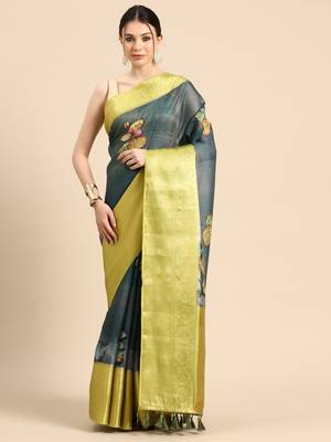 Silk Land  Dark Blue  Digital Print Art Silk Saree  2
