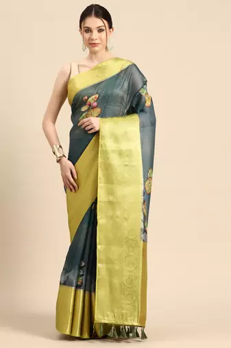 Silk Land  Dark Blue  Digital Print Art Silk Saree 