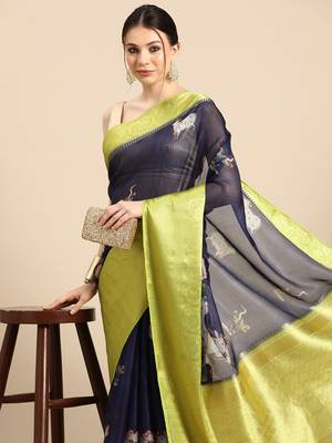 Silk Land  Navy Blue  Digital Print Art Silk Saree  1
