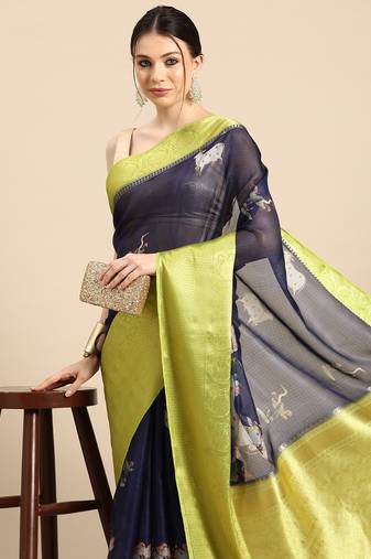 Silk Land  Navy Blue  Digital Print Art Silk Saree 