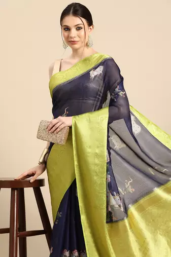 Silk Land  Navy Blue  Digital Print Art Silk Saree 
