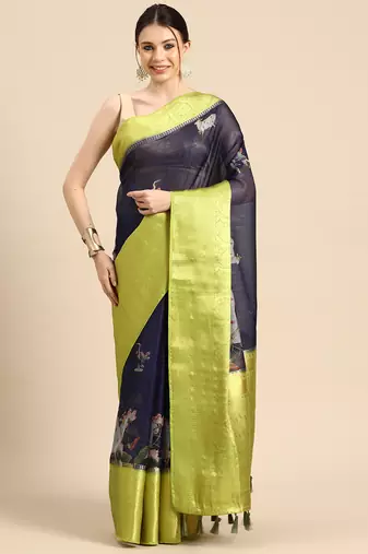 Silk Land  Navy Blue  Digital Print Art Silk Saree 