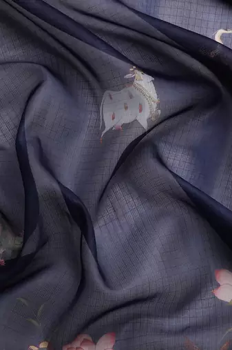 Silk Land  Navy Blue  Digital Print Art Silk Saree 