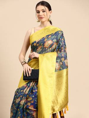 Silk Land  Dark Blue  Digital Print Art Silk Saree  1