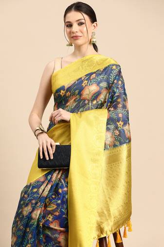 Silk Land  Dark Blue  Digital Print Art Silk Saree 