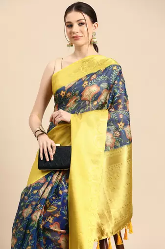 Silk Land  Dark Blue  Digital Print Art Silk Saree 