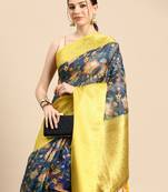 Silk Land  Dark Blue  Digital Print Art Silk Saree 