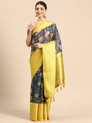 Silk Land  Dark Blue  Digital Print Art Silk Saree  2