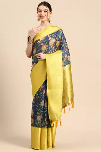 Silk Land  Dark Blue  Digital Print Art Silk Saree 