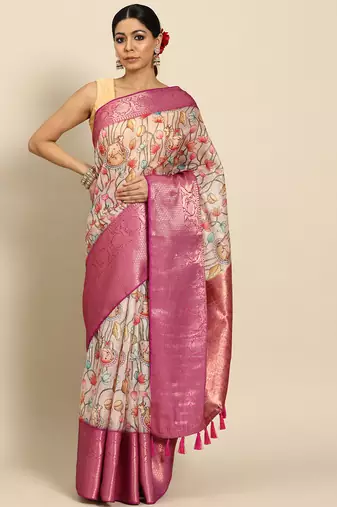 Silk Land  Beige  Digital Print Art Silk Saree 