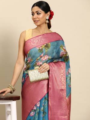 Silk Land  Teal  Digital Print Art Silk Saree  1