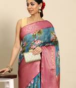 Silk Land  Teal  Digital Print Art Silk Saree 