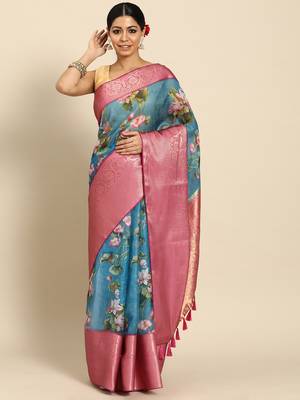 Silk Land  Teal  Digital Print Art Silk Saree  2