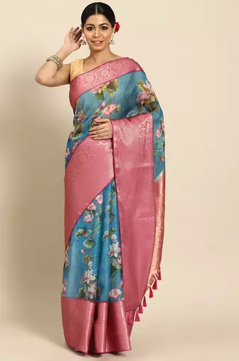 Silk Land  Teal  Digital Print Art Silk Saree 