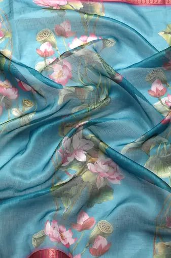 Silk Land  Teal  Digital Print Art Silk Saree 