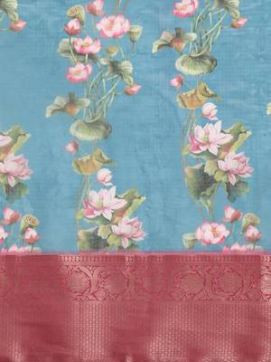 Silk Land  Teal  Digital Print Art Silk Saree  5