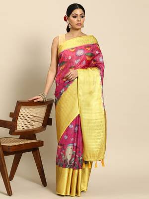 Silk Land  Pink  Digital Print Art Silk Saree  1