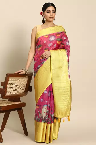 Silk Land  Pink  Digital Print Art Silk Saree 