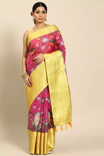 Silk Land  Pink  Digital Print Art Silk Saree 