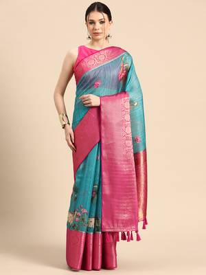 Silk Land  Teal  Digital Print Art Silk Saree  1