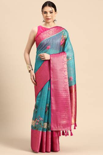 Silk Land  Teal  Digital Print Art Silk Saree 