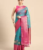 Silk Land  Teal  Digital Print Art Silk Saree 