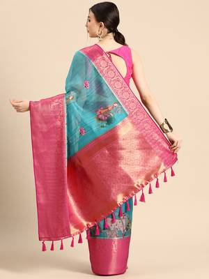 Silk Land  Teal  Digital Print Art Silk Saree  2