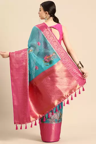 Silk Land  Teal  Digital Print Art Silk Saree 