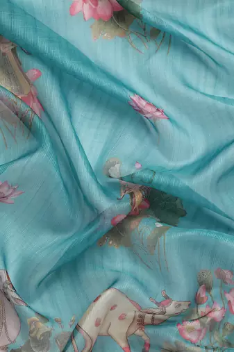 Silk Land  Teal  Digital Print Art Silk Saree 