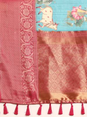 Silk Land  Teal  Digital Print Art Silk Saree  5