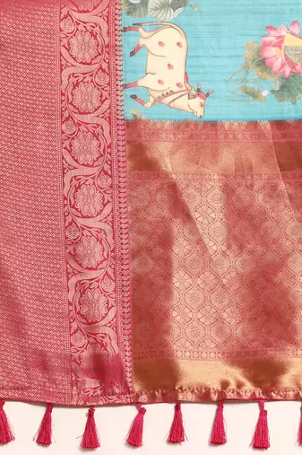 Silk Land  Teal  Digital Print Art Silk Saree 