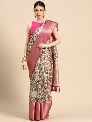 Silk Land  Beige  Digital Print Art Silk Saree  1