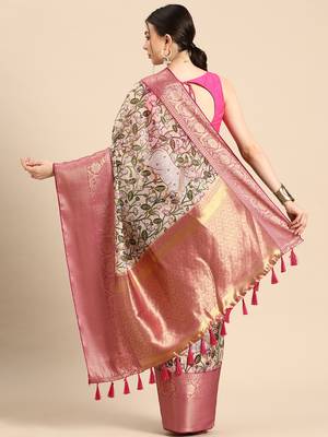 Silk Land  Beige  Digital Print Art Silk Saree  2
