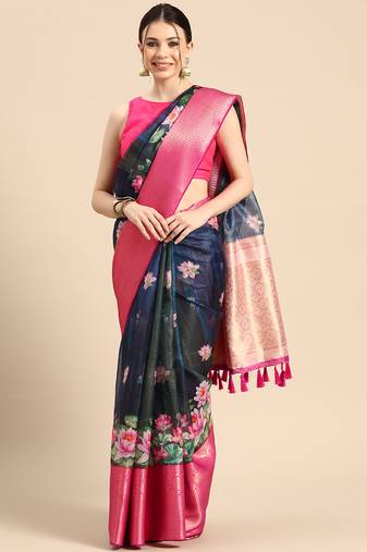 Silk Land  Navy Blue  Digital Print Art Silk Saree 